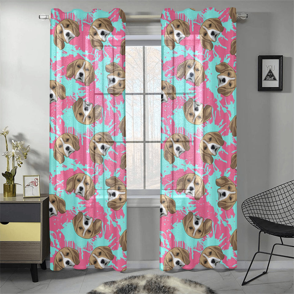 Beagle muzzles turquoise paint splashes pink patte Gauze Curtain