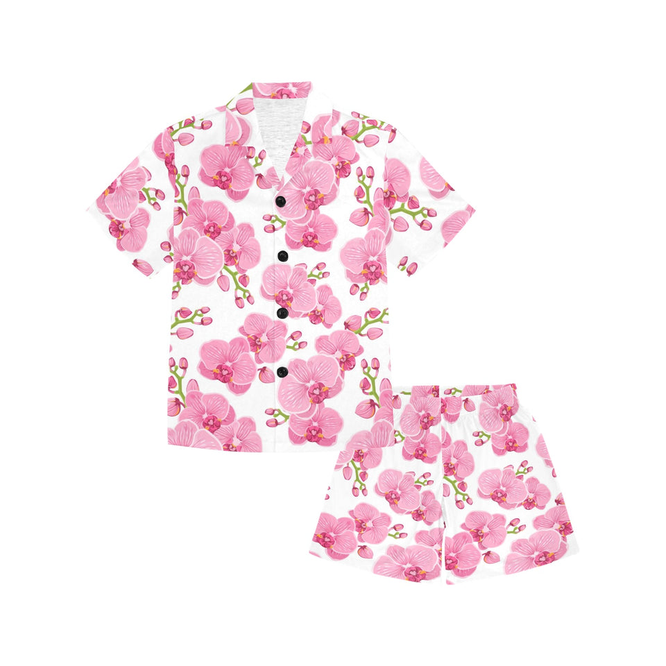 pink purple orchid pattern background Kids' Boys' Girls' V-Neck Short Pajama Set