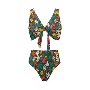 Canabis Marijuana Weed Pattern Print Design 02 Chest Bowknot High Waisted Bikini Swimsuit