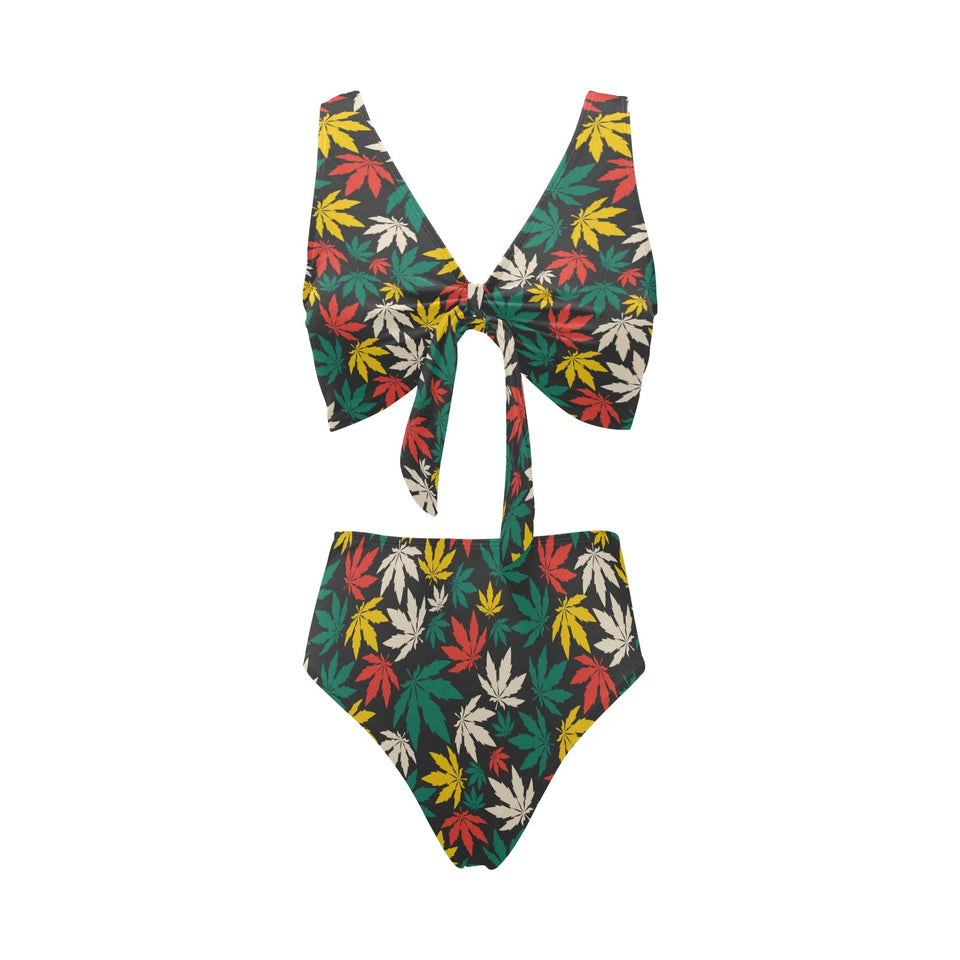 Canabis Marijuana Weed Pattern Print Design 02 Chest Bowknot High Waisted Bikini Swimsuit