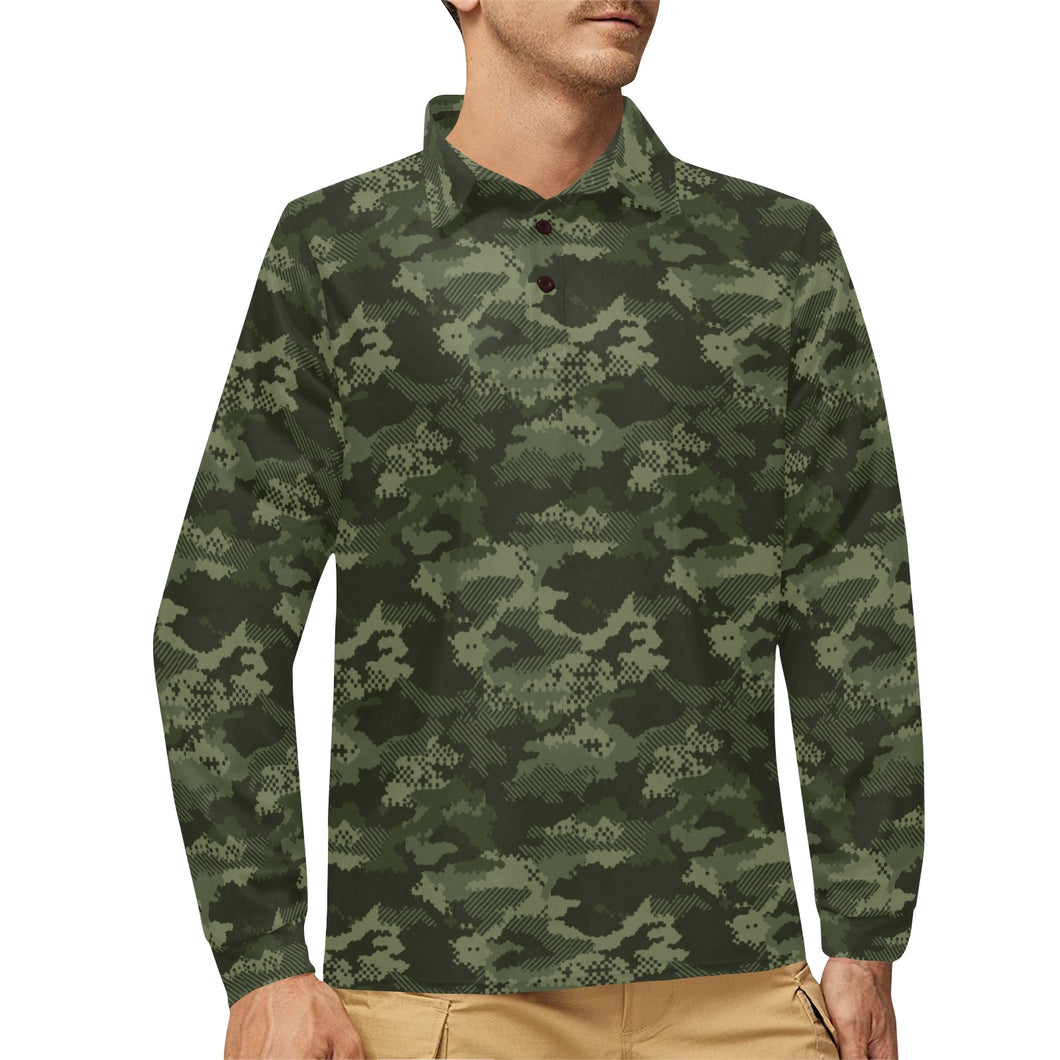 Digital Green camouflage pattern Men's Long Sleeve Polo Shirt