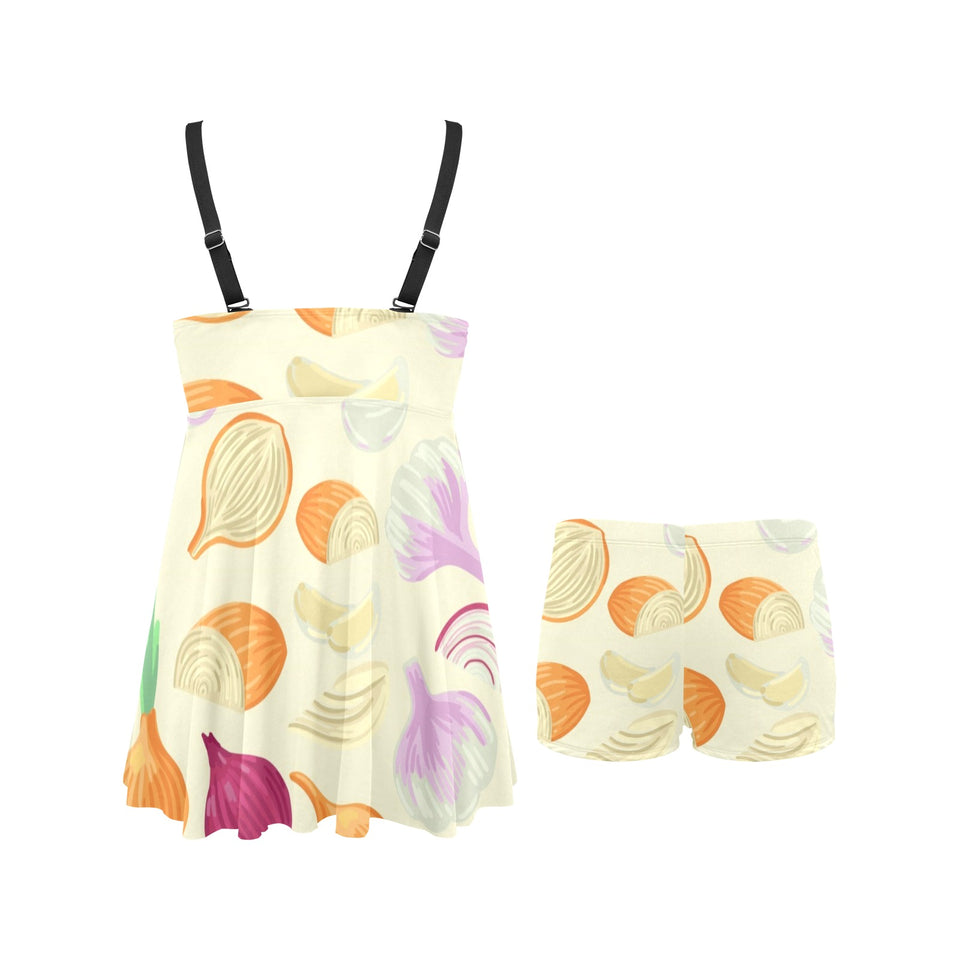 Onion garlic white red pattern Chest Sexy Pleated Two Piece Swim Dress