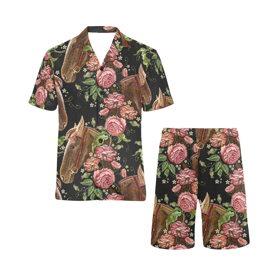 Horse head wild roses pattern Men's V-Neck Short Pajama Set