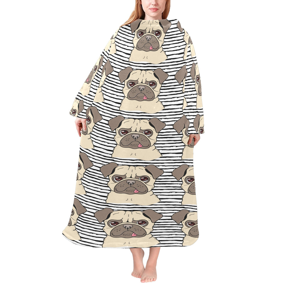 Happy pug pattern Blanket Robe with Sleeves