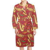 Saxophone cornet pattern red background Men's Long Sleeve Belted Night Robe