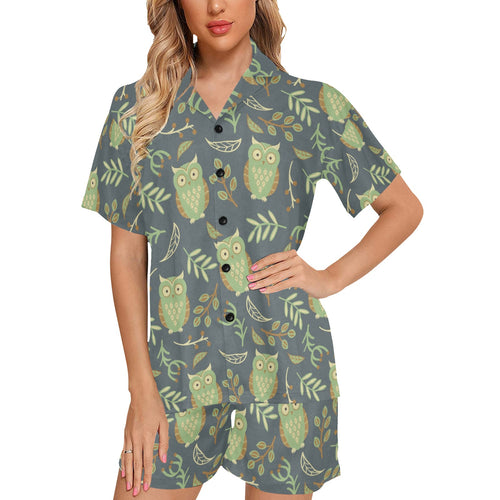 Cute owls leaves pattern Women's V-Neck Short Pajama Set