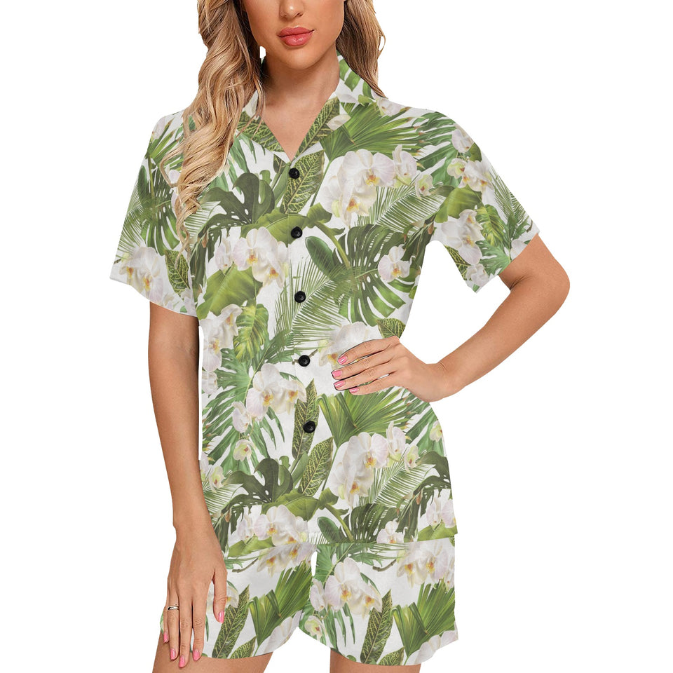 White orchid flower tropical leaves pattern Women's V-Neck Short Pajama Set