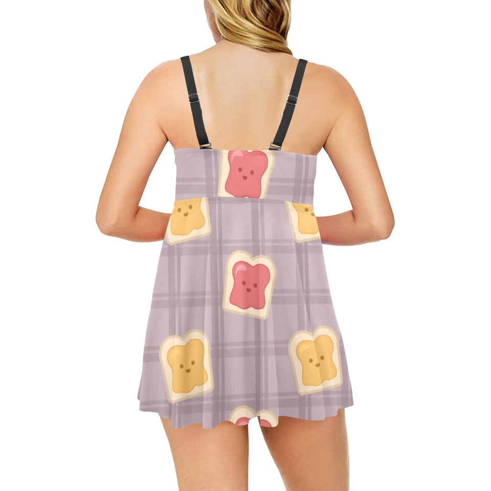 Bread Toast Pattern Print Design 05 Chest Sexy Pleated Two Piece Swim Dress
