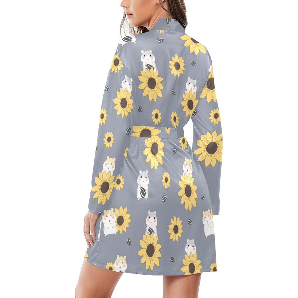 Cute hamster sunflower pattern background Women's Long Sleeve Belted Night Robe
