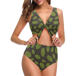Hop pattern black background Chest Bowknot High Waisted Bikini Swimsuit