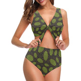 Hop pattern black background Chest Bowknot High Waisted Bikini Swimsuit