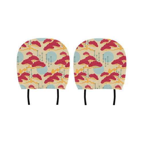 Red Bonsai gray sun japanese pattern Car Headrest Cover