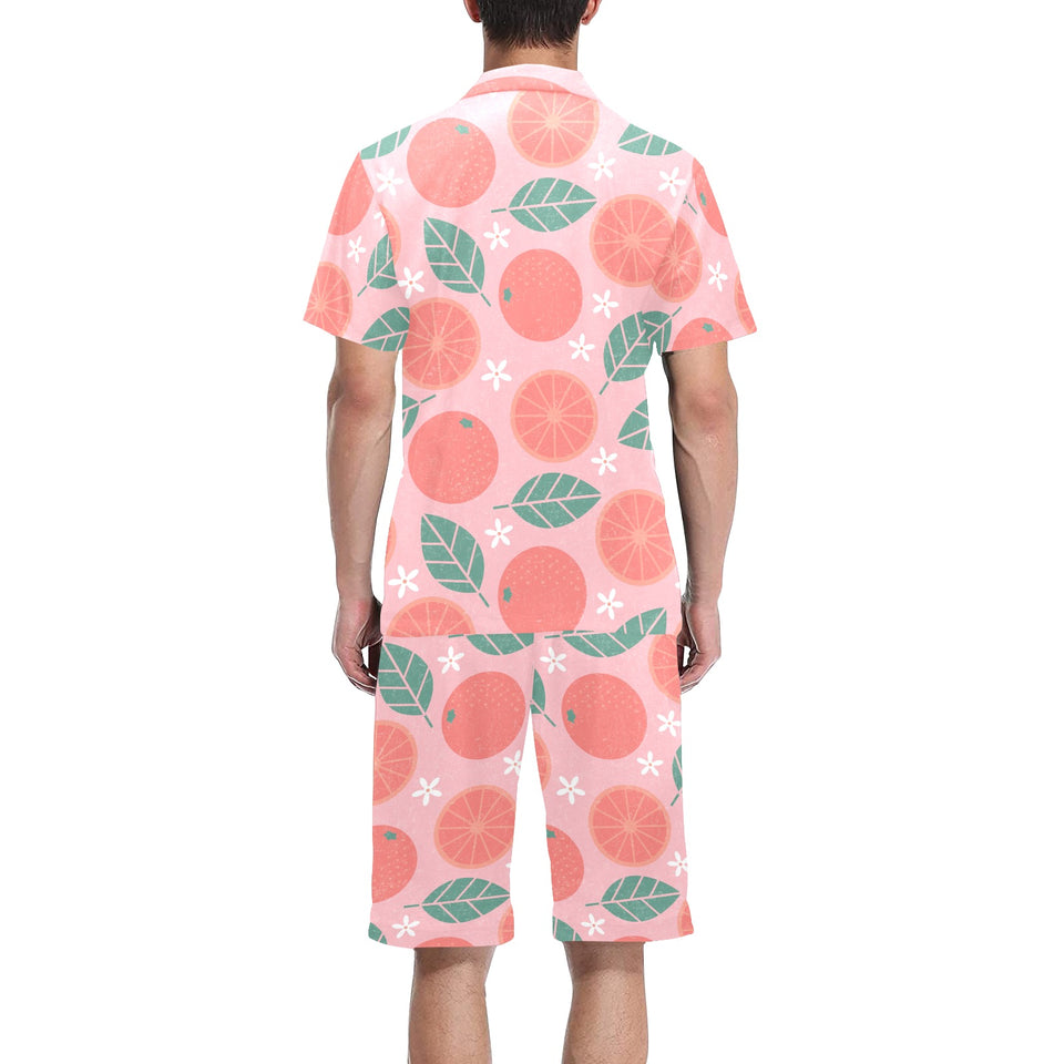 Grapefruit leaves flower pink background Men's V-Neck Short Pajama Set