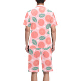 Grapefruit leaves flower pink background Men's V-Neck Short Pajama Set