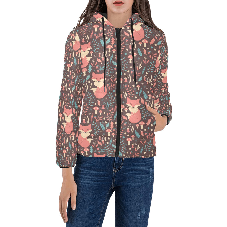 fox leaves mushroom pattern Women's Padded Hooded Jacket
