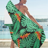 heliconia flower palm monstera leaves black backgr Beach Towel