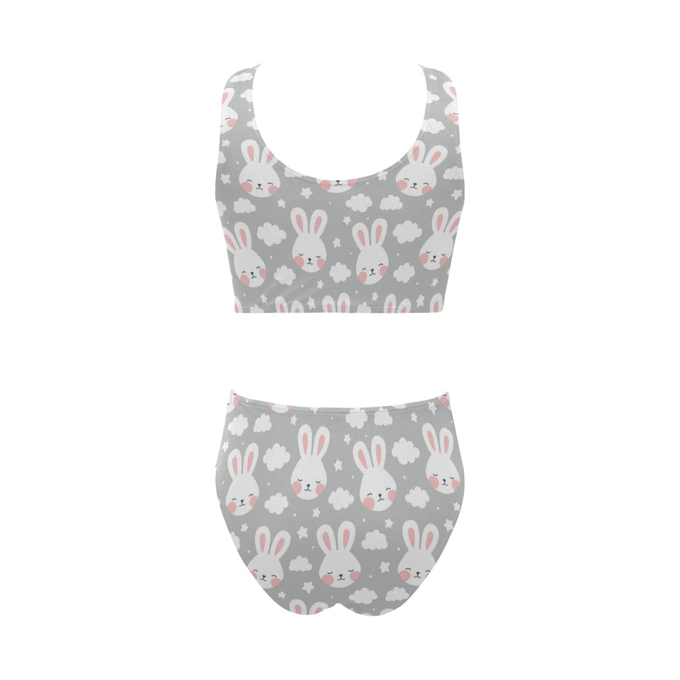 Rabbit cloud Pattern Chest Bowknot High Waisted Bikini Swimsuit