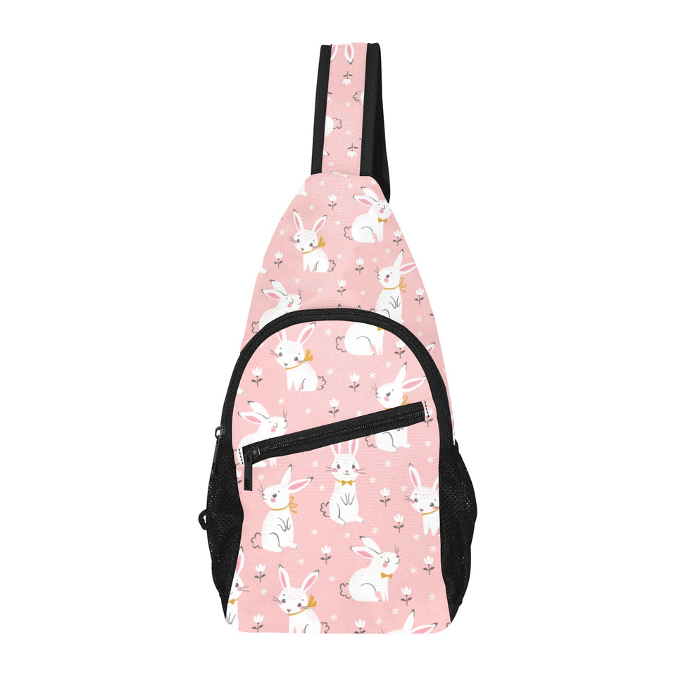 Cute white rabbit flower pink background All Over Print Chest Bag