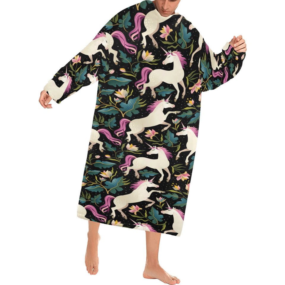 Unicorns forest background Blanket Robe with Sleeves