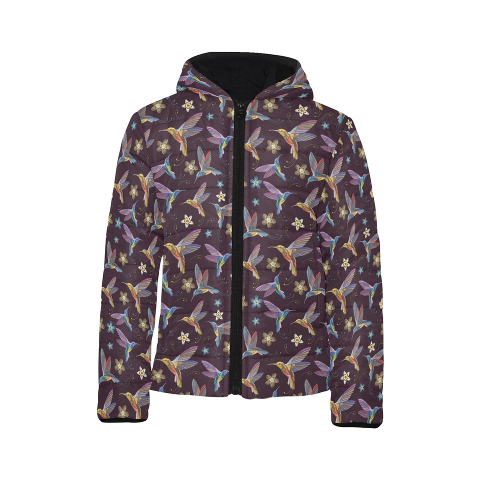 Hummingbird Pattern Print Design 04 Kids' Boys' Girls' Padded Hooded Jacket