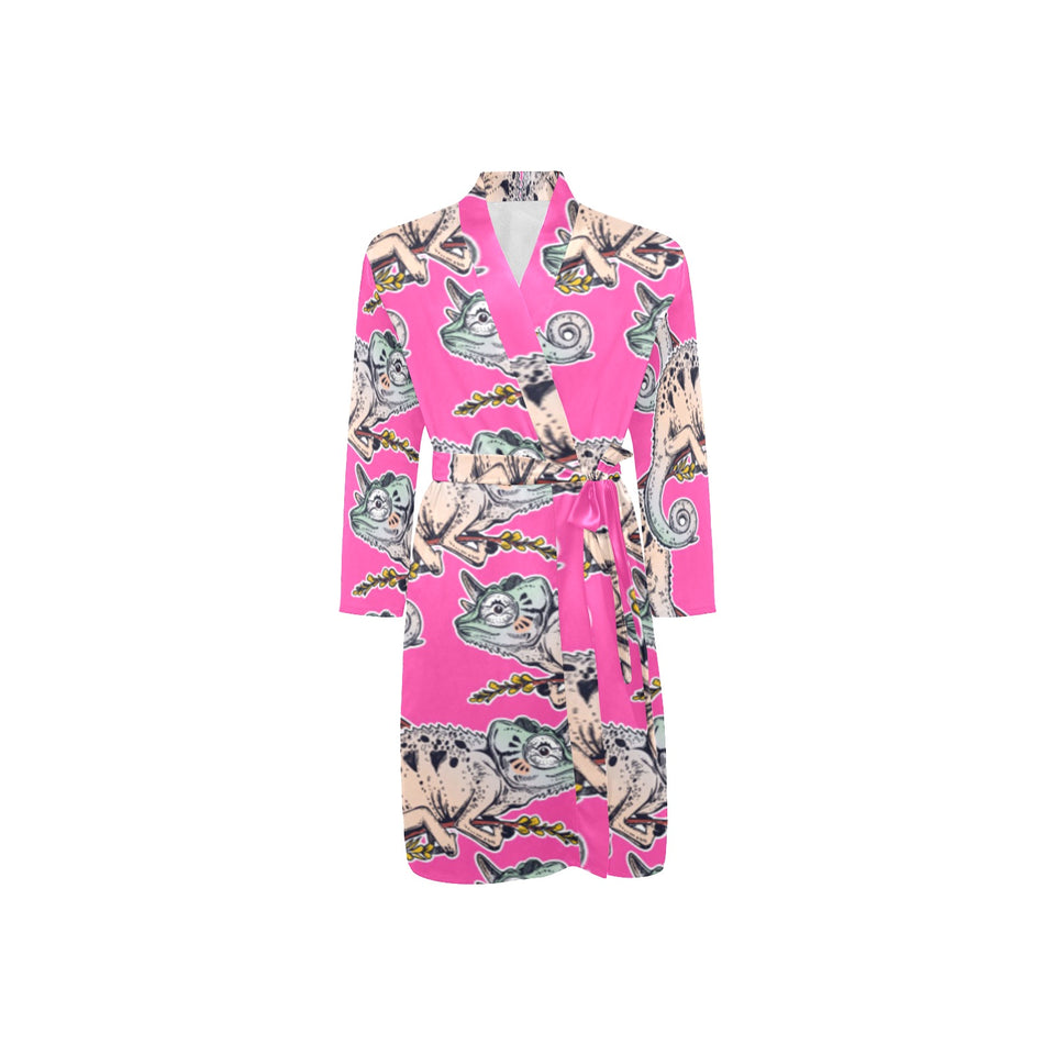 Chameleon lizard pattern pink background Men's Long Sleeve Belted Night Robe