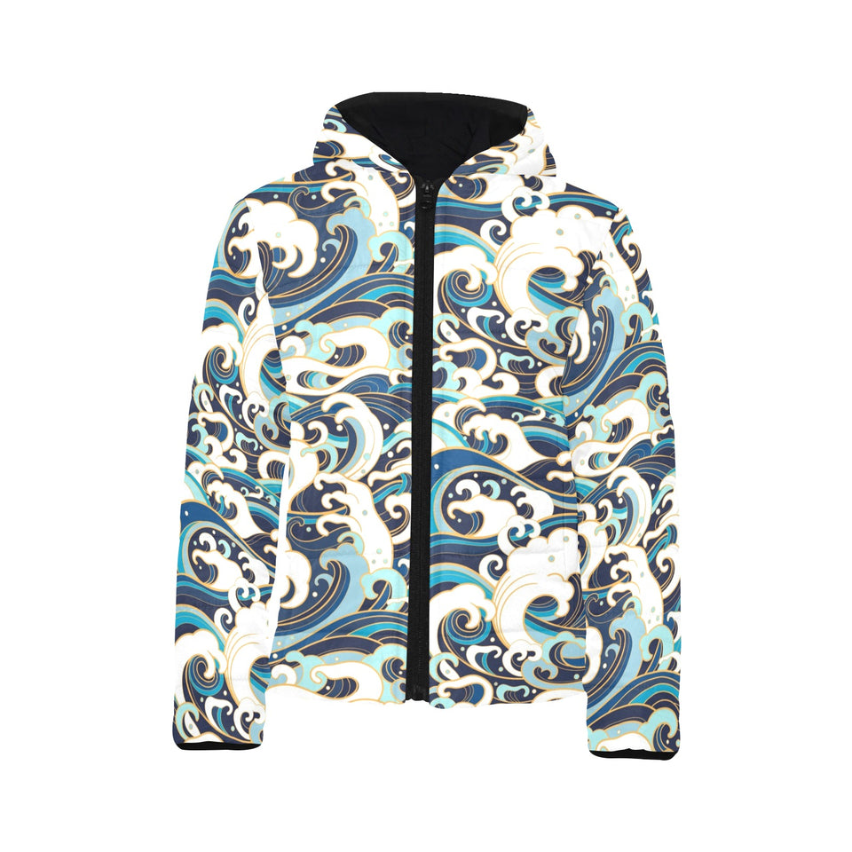 Japanese wave pattern Kids' Boys' Girls' Padded Hooded Jacket