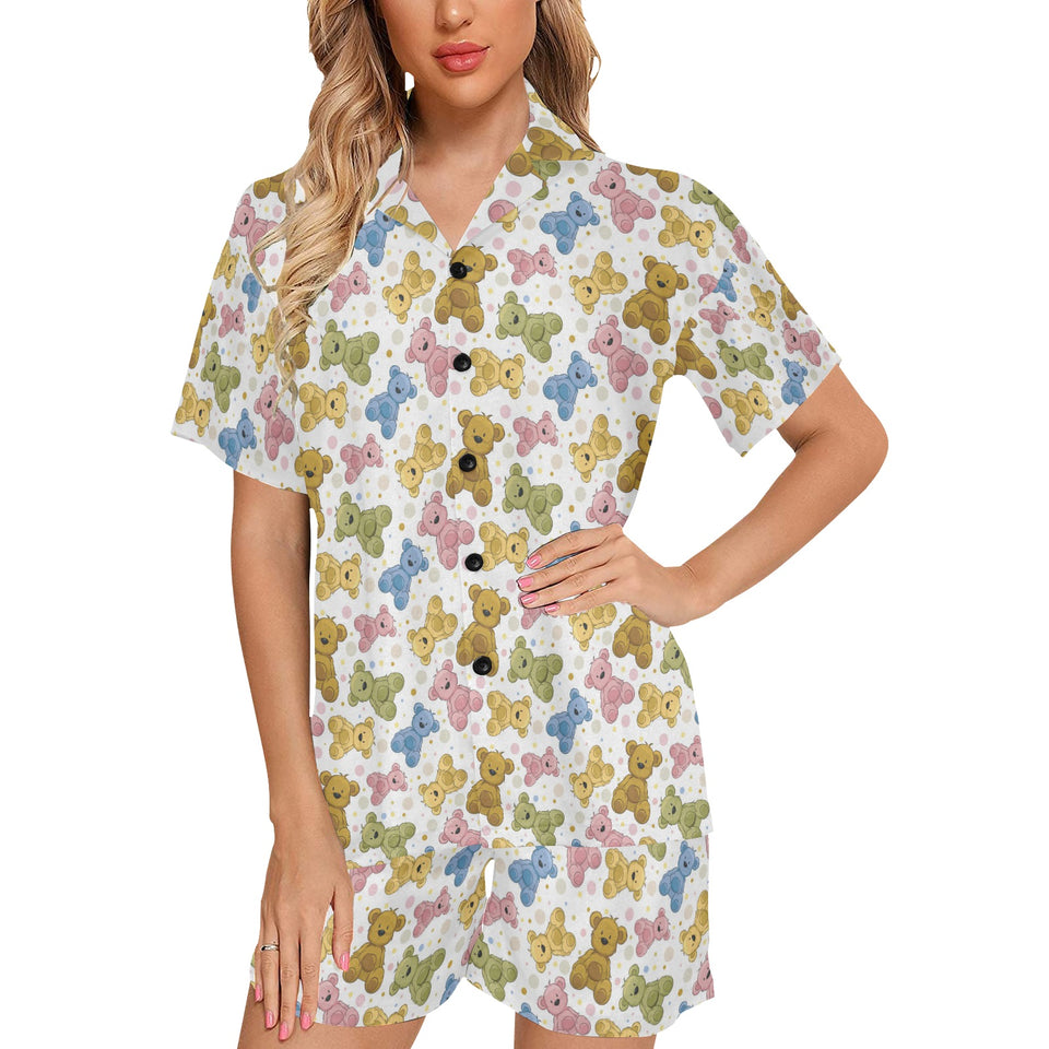 Teddy Bear Pattern Print Design 01 Women's V-Neck Short Pajama Set