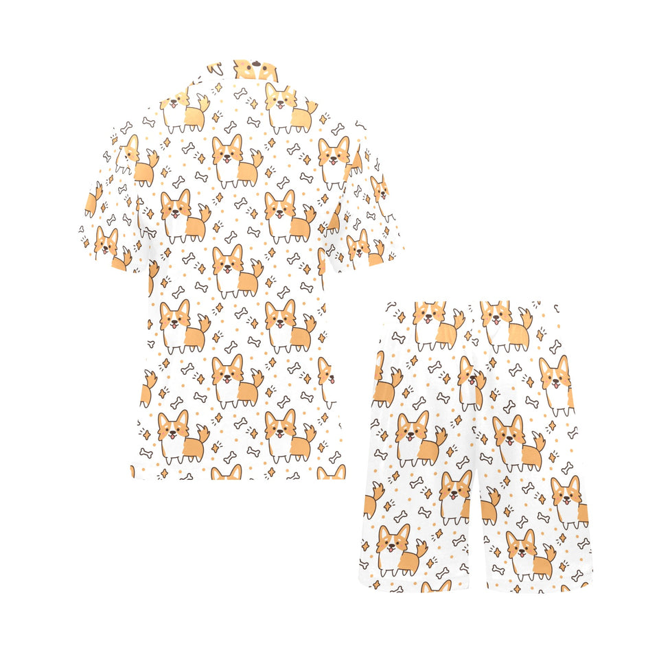 Cute corgi heart star bone pattern Men's V-Neck Short Pajama Set