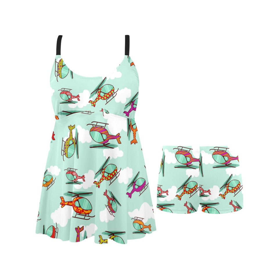 Helicopter design pattern Chest Sexy Pleated Two Piece Swim Dress