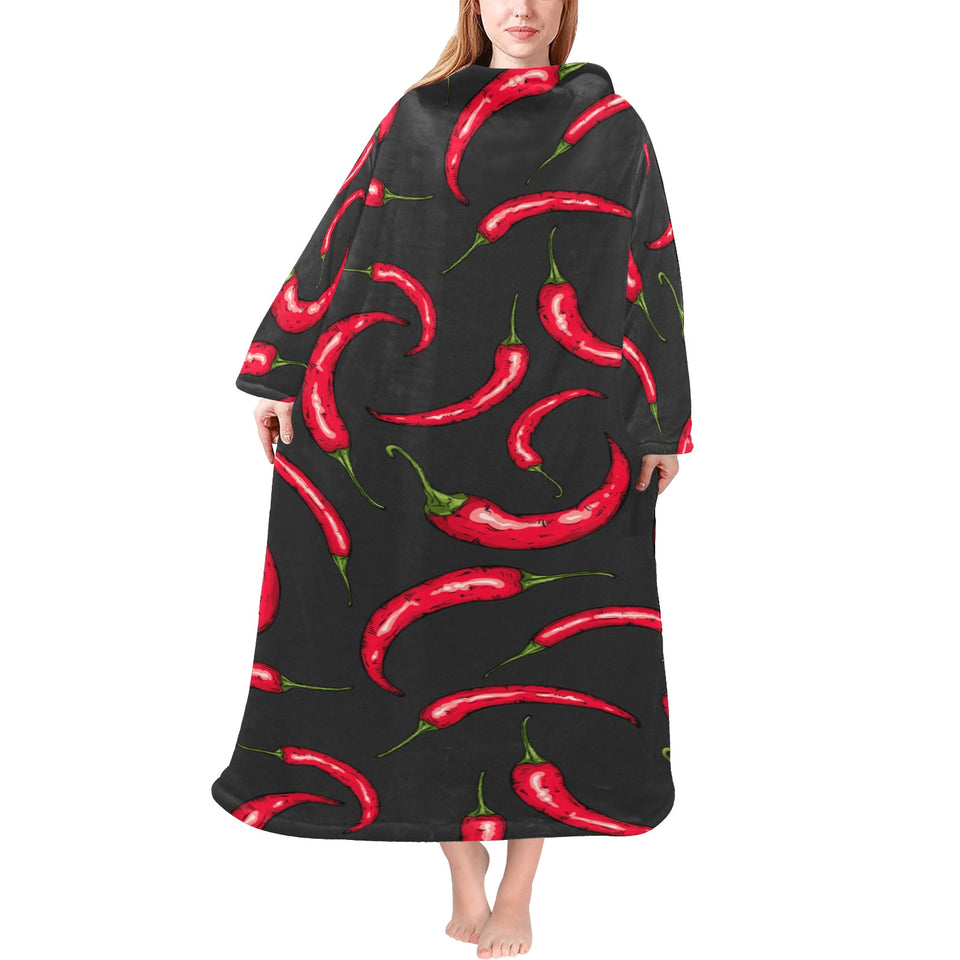 Chili peppers pattern black background Blanket Robe with Sleeves