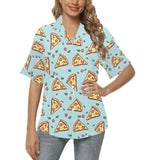 Hand drawn pizza blue background Women's All Over Print Hawaiian Shirt