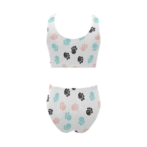 Dog Paws Pattern Print Design 04 Chest Bowknot High Waisted Bikini Swimsuit