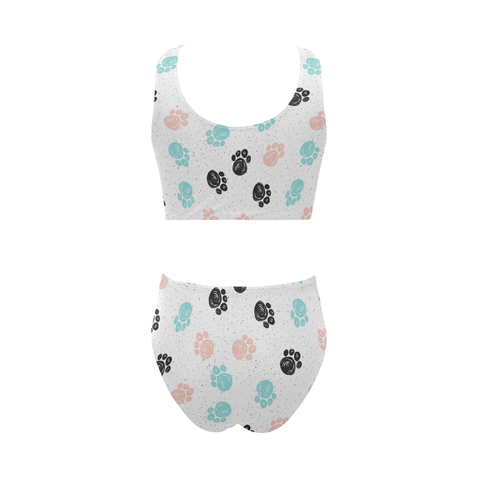 Dog Paws Pattern Print Design 04 Chest Bowknot High Waisted Bikini Swimsuit