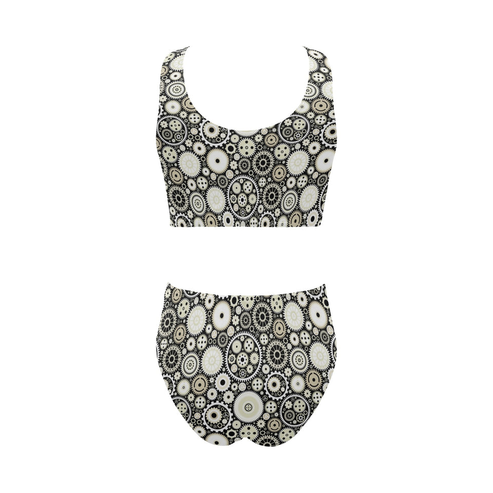 Gear Pattern Print Design 02 Chest Bowknot High Waisted Bikini Swimsuit