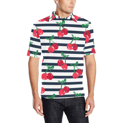 Hand drawn cherry pattern striped background Men's All Over Print Polo Shirt
