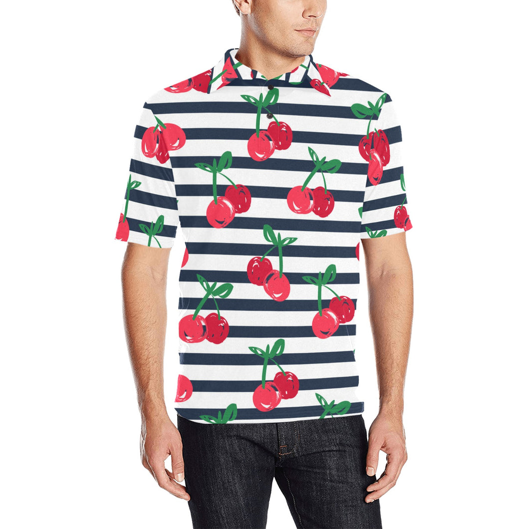 Hand drawn cherry pattern striped background Men's All Over Print Polo Shirt