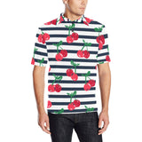 Hand drawn cherry pattern striped background Men's All Over Print Polo Shirt