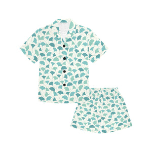 Green ginkgo leaves pattern Kids' Boys' Girls' V-Neck Short Pajama Set