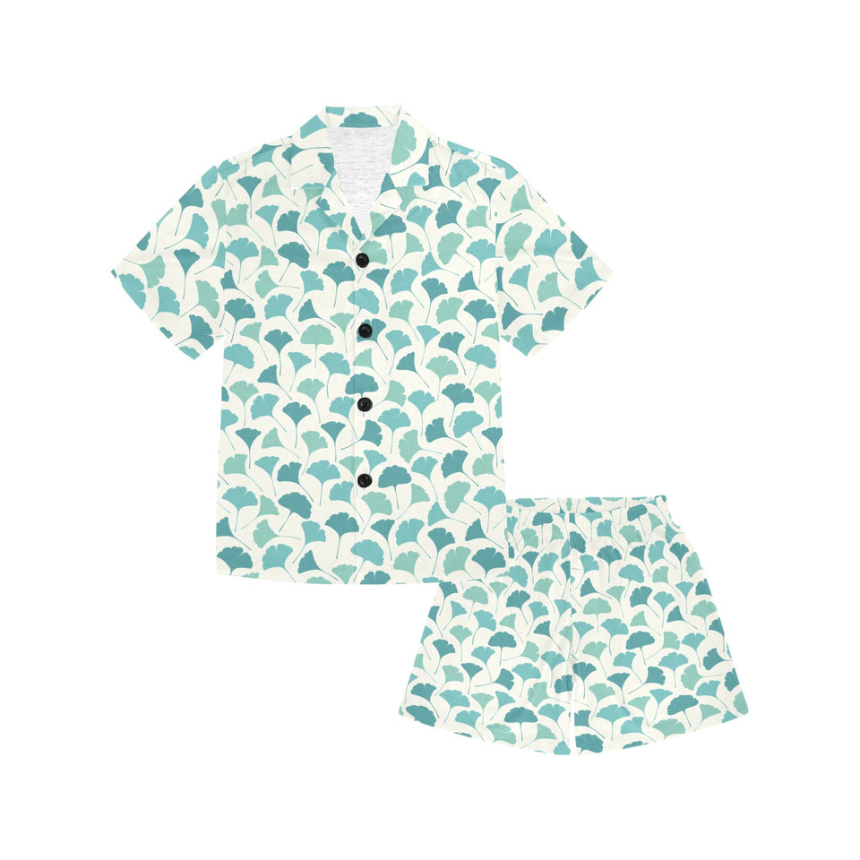 Green ginkgo leaves pattern Kids' Boys' Girls' V-Neck Short Pajama Set