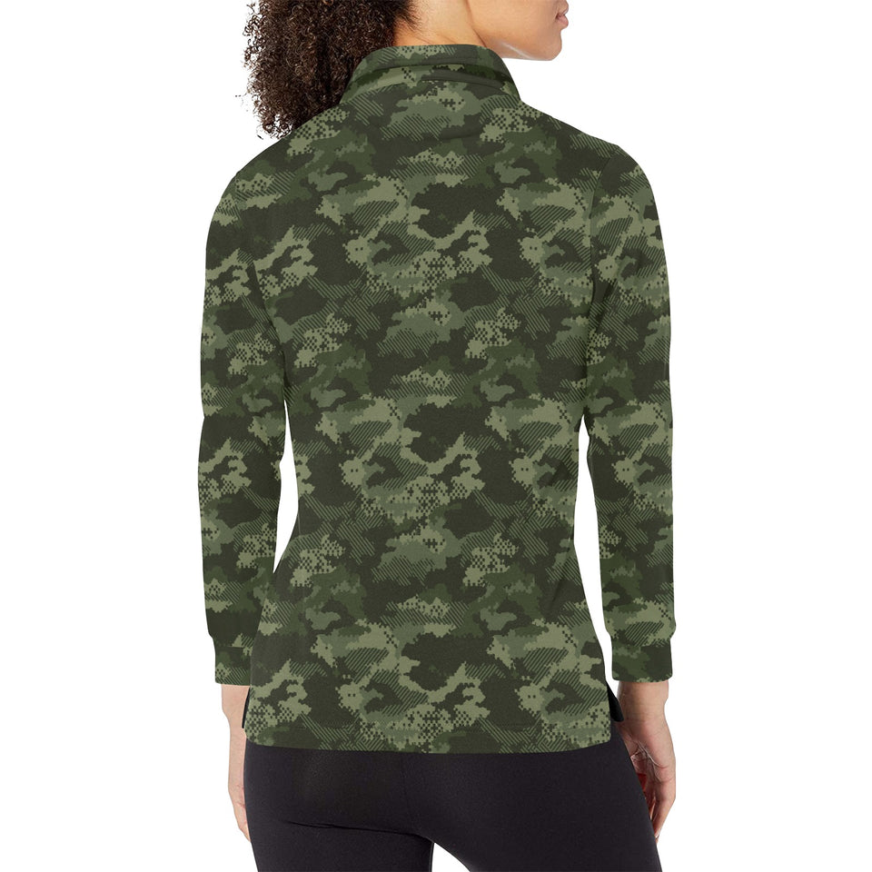 Digital Green camouflage pattern Women's Long Sleeve Polo Shirt