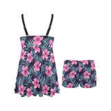 Hibiscus Pattern Print Design 05 Chest Sexy Pleated Two Piece Swim Dress
