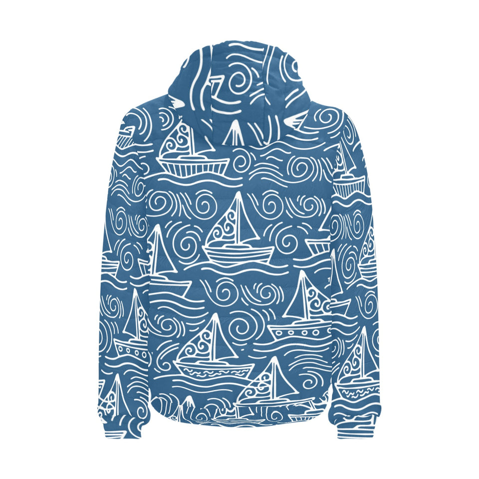 Hand drawn sailboat pattern Men's Padded Hooded Jacket