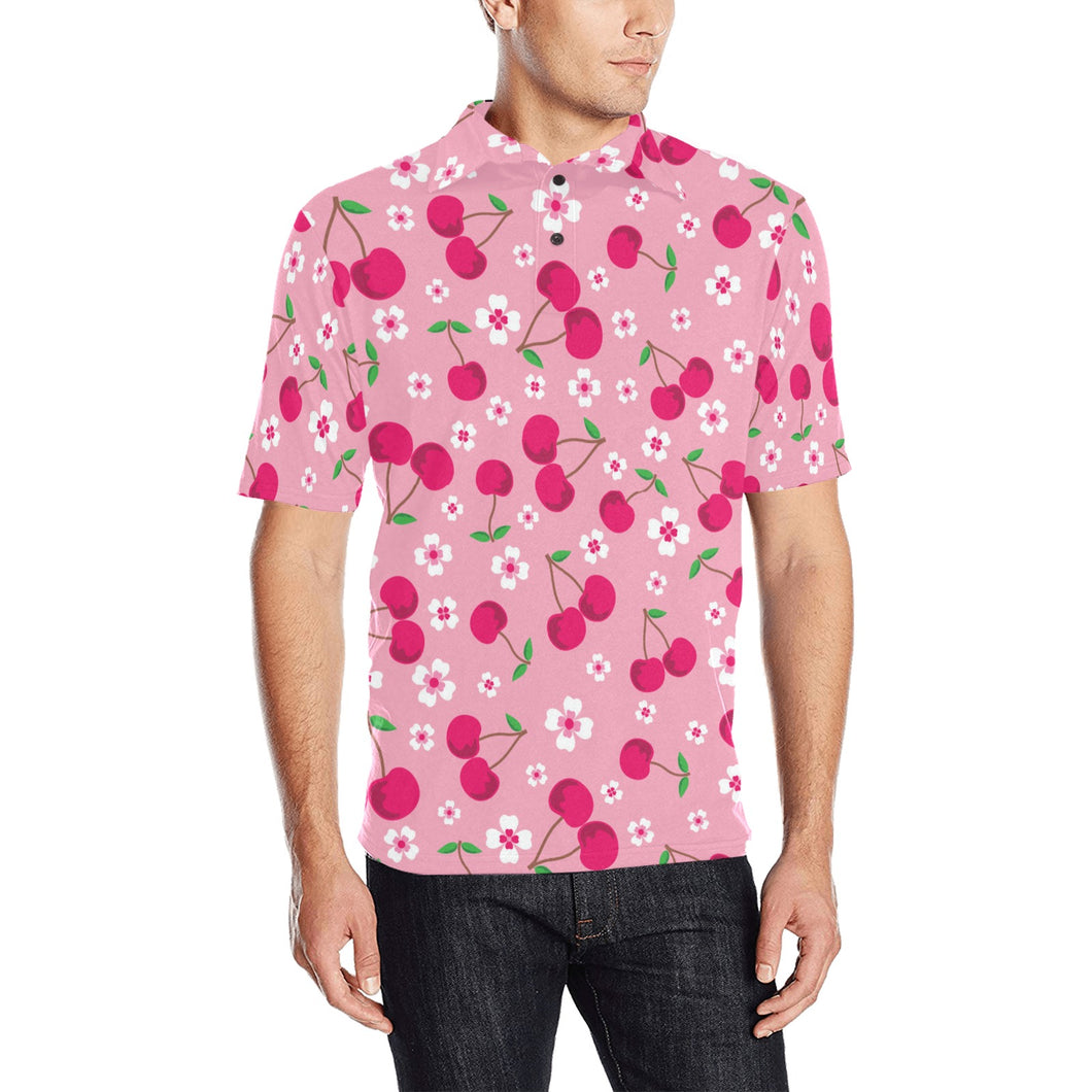cherry flower pattern pink background Men's All Over Print Polo Shirt