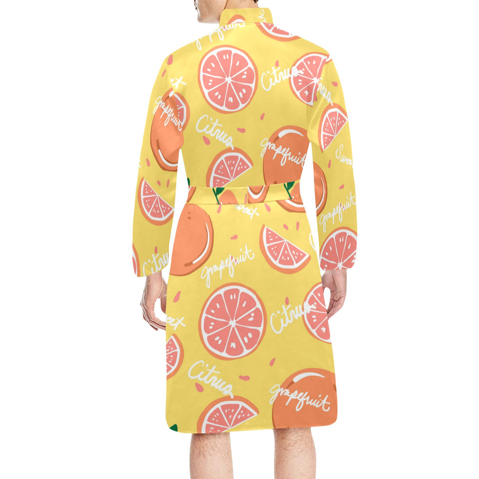 Grapefruit yellow background Men's Long Sleeve Belted Night Robe