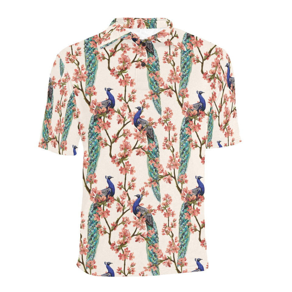 Peacock tropical flower pattern Men's All Over Print Polo Shirt