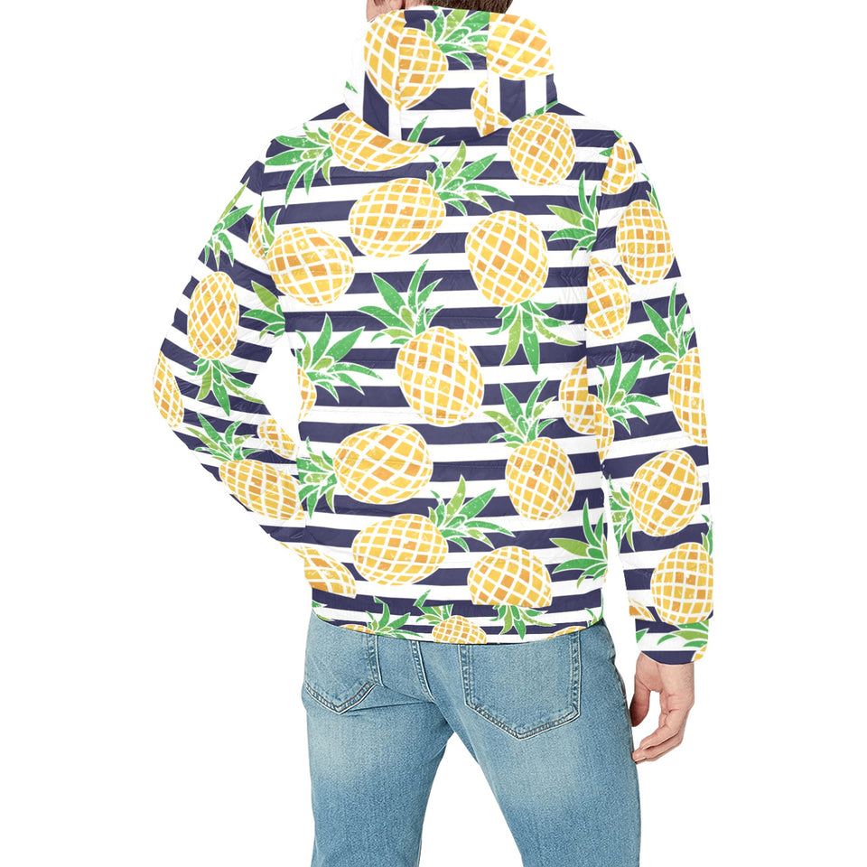 Pineapples pattern striped background Men's Padded Hooded Jacket