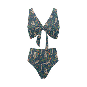 Raccoon tropical leaves pattern Chest Bowknot High Waisted Bikini Swimsuit
