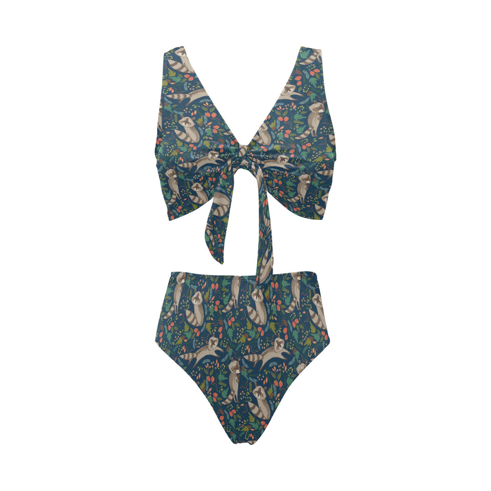 Raccoon tropical leaves pattern Chest Bowknot High Waisted Bikini Swimsuit