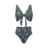 Raccoon tropical leaves pattern Chest Bowknot High Waisted Bikini Swimsuit