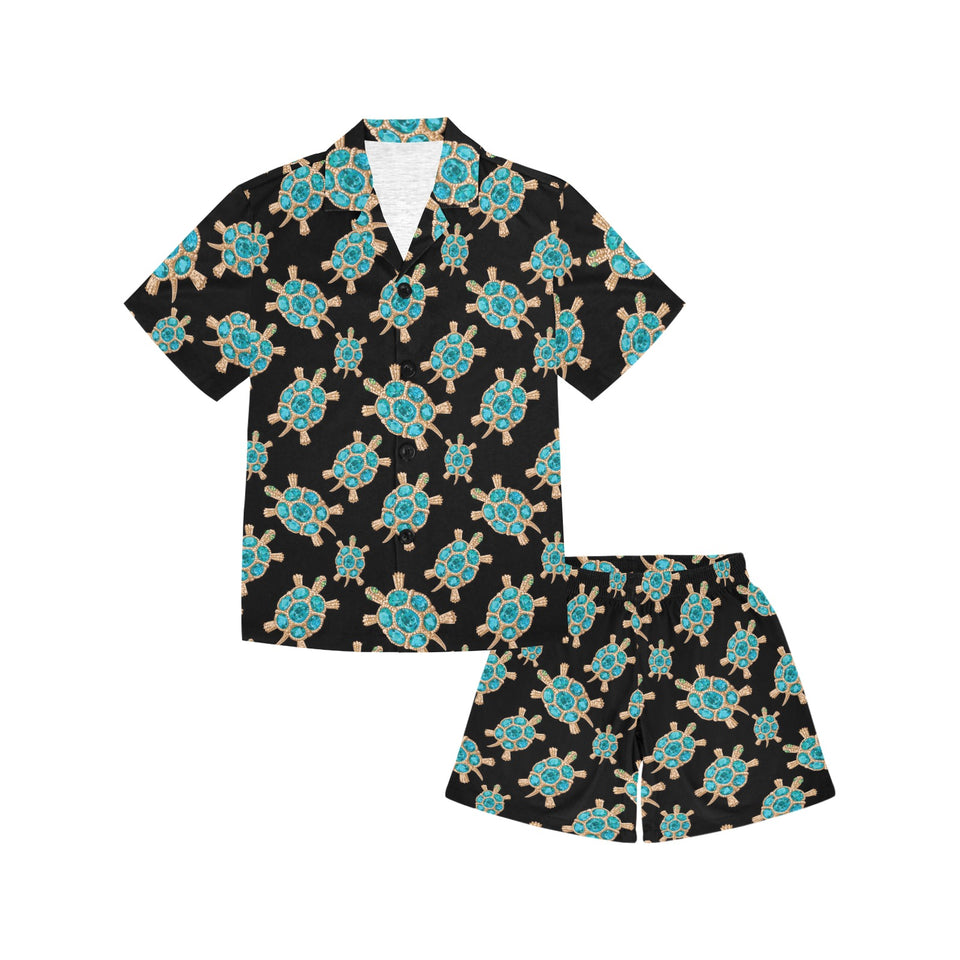 Sea turtle blue stone pattern Kids' Boys' Girls' V-Neck Short Pajama Set
